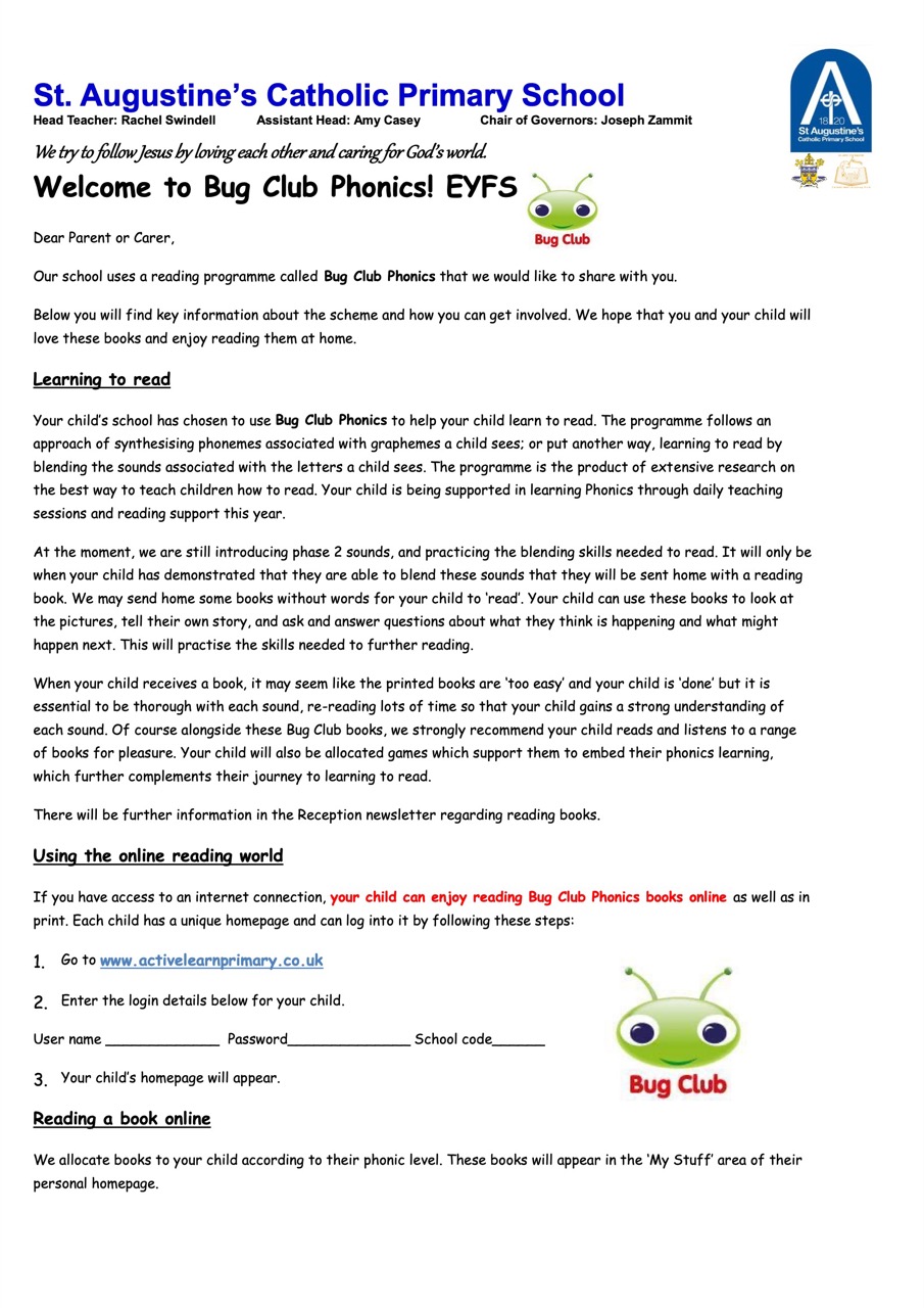 EYFS Bug Club letter to parents